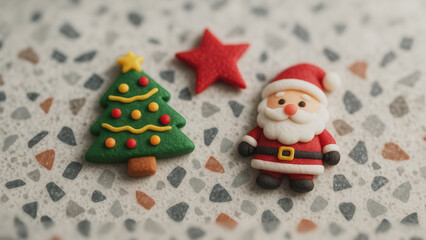 Christmas cheer: Festive figures, including a jolly Santa, a vibrant Christmas tree, and a gleaming red star, create a delightful holiday scene with bright color palette and intricate detail.