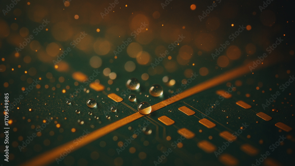 Poster digital circuit with water droplets: a high-angle shot showcases an intricate digital circuit board,