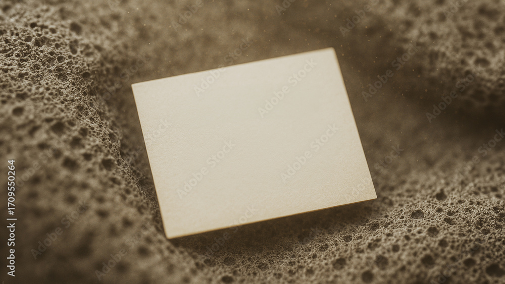Poster texture and smoothness: close-up of a square, minimalist design element, resting atop an intricate, 