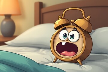 A bedside alarm clock with a yawning cartoon face.

