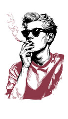 Stylish young man with sunglasses and cigarette exhaling smoke, evoking retro cool and rebellion.