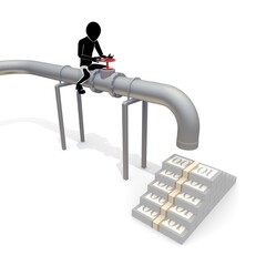 お金の流れを調整する作業員。パイプのバルブを操作し、利益やビジネスの管理を行う様子を象徴的に表現しています。金融、経済、投資、ビジネス関連のプロジェクトに最適なイラストです。