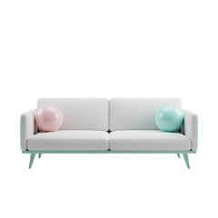 Modern white sofa with pastel accents and spheres against a