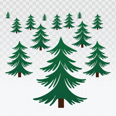 Collection of stylized pine and spruce trees in various sizes. Clean and isolated design, perfect for holiday graphics, winter landscapes, environmental projects, seasonal promotions, and digital art.