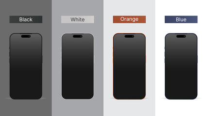 Realistic Smartphone Mockup Set – 3D Mobile Phone Front View with Shadow, High Quality Vector Device for UI UX Presentation, Black, White, Orange, Blue Frame Smartphone. Vector.