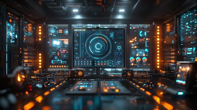 Futuristic Control Room with Glowing Holographic Displays and Advanced Technology