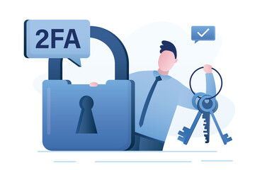 Businessman holds padlock and key, reliable protection, security. Smart user with keychain and passwords. Two factor authentication, technology of data protection. 2fa