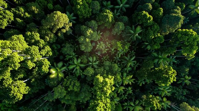 From above, you can see the lush green canopy of a tropical rainforest, with sunlight filtering through the dense green leaves.