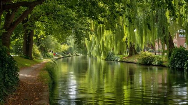 Along the quiet riverside are rows of willow trees, whose leaves gently touch the water.