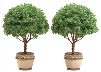 Two identical potted topiary trees against white
