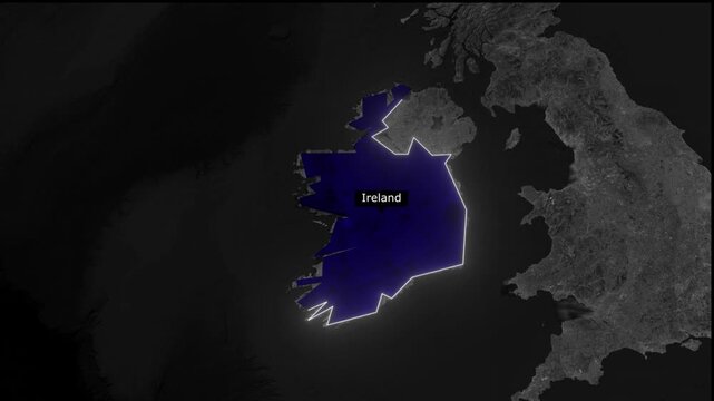 Aerial view of ireland highlighted on a dark map with surrounding landmasses visible nearby