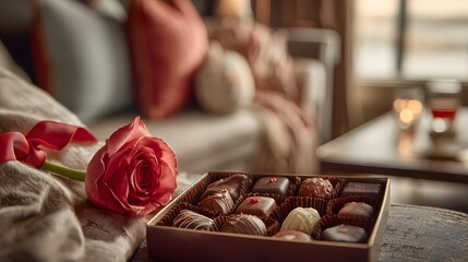 Romantic Setting with Chocolate Box and Rose on Cozy Couch