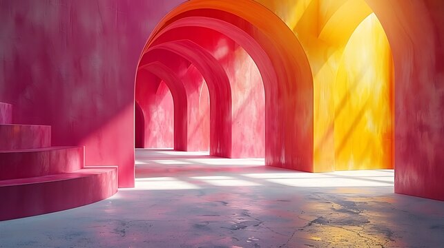 Surreal Pink and Orange Archway Hallway with Sunlight Rays