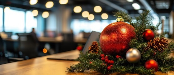 A festive holiday decoration featuring red and silver ornaments amidst pine branches, set in a modern office environment with soft lighting.