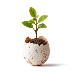 A small sprout grows from soil within a cracked egg shell