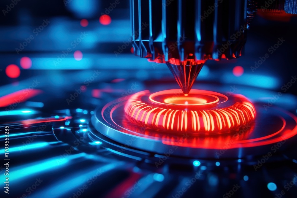 Poster a close-up of a high-tech laser focusing on a circular surface, illuminated by vibrant blue and red 