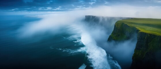 A breathtaking coastline featuring dramatic cliffs shrouded in mist, where waves crash against the rocky shore under a moody sky.