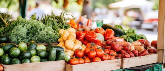 A vibrant display of fresh vegetables and fruits at a market stall, showcasing a variety of colors and textures in a sunny outdoor setting.