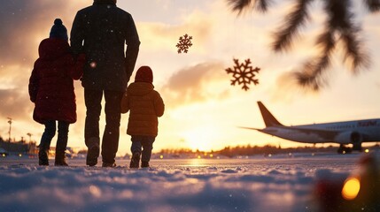 A family walks together in the snow at sunset, with an airplane in the background, capturing a warm winter moment.