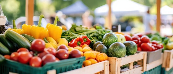 A vibrant display of fresh vegetables and fruits at a market, showcasing colorful produce in wooden crates under a sunny setting.