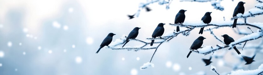 A serene winter scene featuring a group of birds perched on a snow-covered branch, surrounded by softly falling snowflakes.