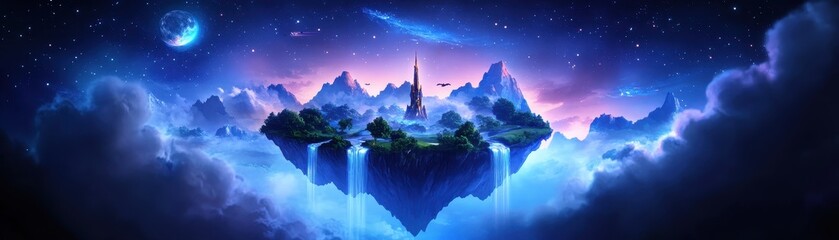 A surreal floating island with waterfalls, mountains, and a tower, set against a starry night sky, creating a mystical and dreamlike atmosphere.