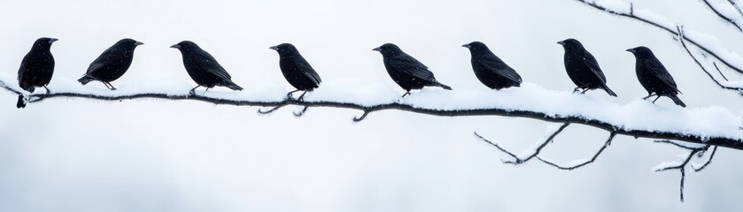Eight black birds perched on a snow-covered branch against a soft, snowy backdrop, creating a serene winter scene.