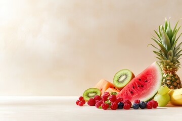 A vibrant arrangement of fresh fruits including watermelon, pineapple, kiwi, and berries, set against a soft, neutral background.