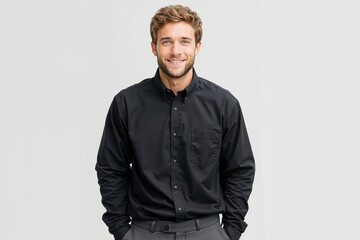 Obraz premium A man in a black shirt and gray pants smiles at the camera