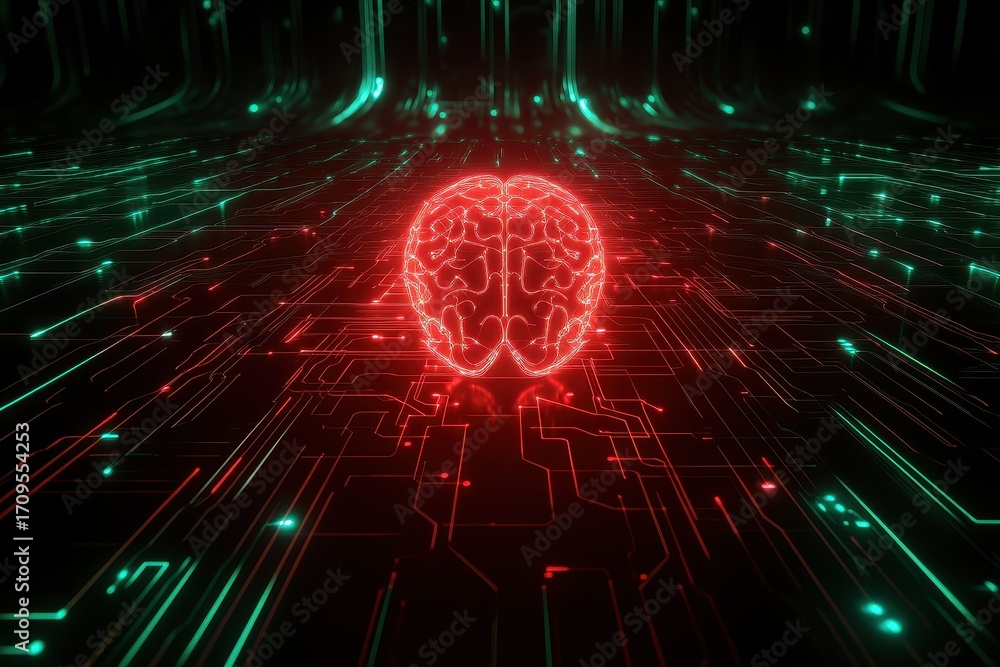 Poster a digital representation of a glowing red brain surrounded by intricate circuitry, symbolizing the i