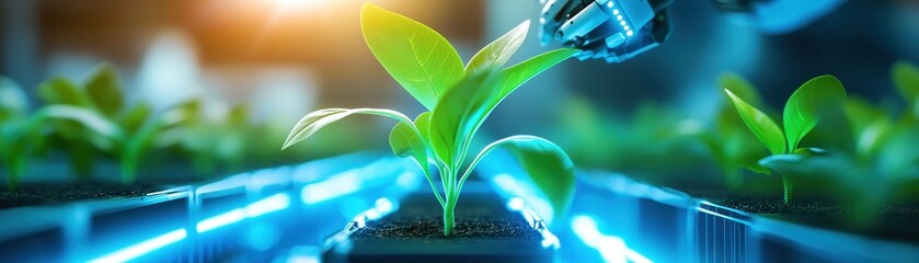 A robotic arm tending to young plants in a modern greenhouse setting, emphasizing the integration of technology in agriculture.