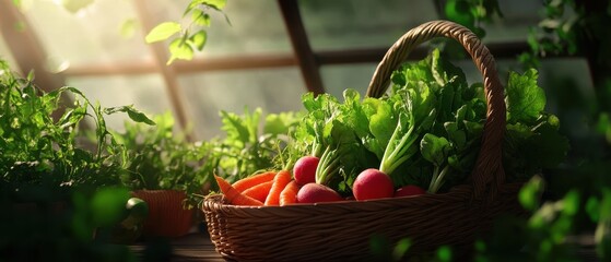 A vibrant basket filled with fresh vegetables, including greens, carrots, and radishes, illuminated by soft sunlight in a cozy indoor setting.