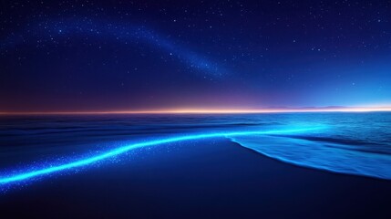 A serene night scene depicting a starry sky above a calm ocean, illuminated by a glowing blue line along the water's edge.