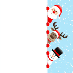 Weihnachtsmann Rentier Und Schneemann Übereinander Banner Rechts Außen Schnee Blau