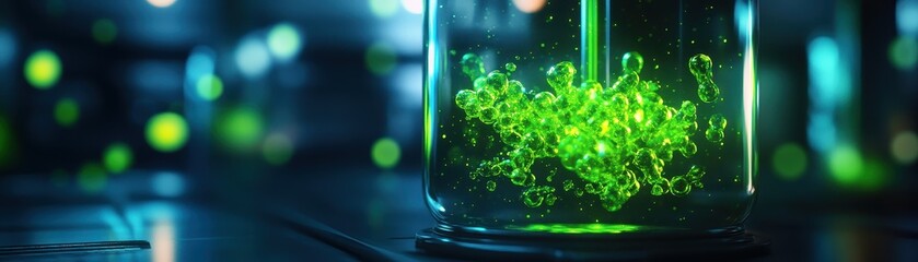 A vibrant green mixture bubbles in a glass container, illuminated by soft lighting, suggesting a scientific or experimental environment.