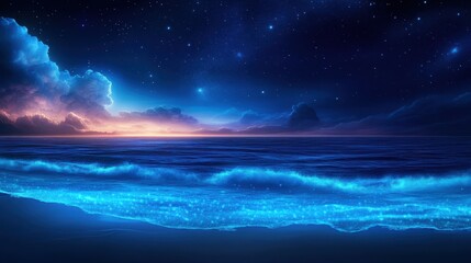 A serene ocean scene at twilight, illuminated by stars and glowing waves, with a dramatic sky and soft clouds.