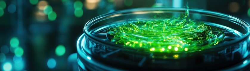 A vibrant, swirling green liquid in a container, illuminated by soft light, creating an ethereal and dynamic visual effect.