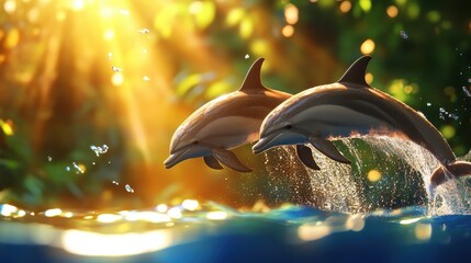 Two dolphins leap joyfully from a shimmering ocean under a warm, golden sunlight, creating a serene and captivating aquatic scene.