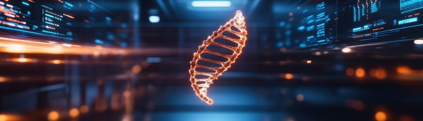 A glowing DNA strand is displayed in a futuristic environment, highlighting themes of science and technology in genetic research.
