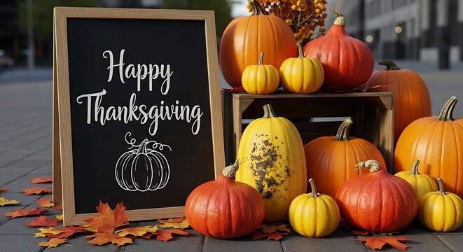A charming thanksgiving scene with pumpkins and a chalkboard sign on a cobblestone surface isolated on white background
