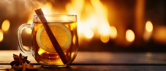 A warm glass of spiced tea with lemon, cinnamon, and star anise, against a cozy fire backdrop, creating a comforting and inviting atmosphere.