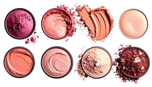 Top-down view of various blush and eyeshadow compacts