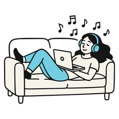 Woman Relaxing on Sofa with Laptop and Headphones Listening to Music Vector Illustration