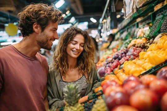 Young Caucasian man and woman shopping for fresh fruits in a grocery store. They examine apples and pineapples on display. Casual clothing and smiling faces.