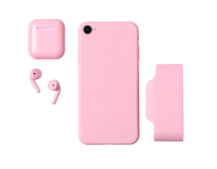 Flat Lay of Pink Smartphone and Earbuds with Charging Case, Top-Down View, Isolated on Transparent Background