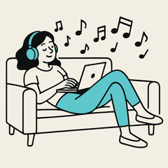 Woman Relaxing on Sofa Listening to Music with Headphones Using Laptop Vector Illustration