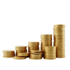Stacks of golden coins on white on transparent background