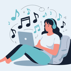 Woman Listening to Music with Headphones Using Laptop Vector Illustration Relaxing at Home