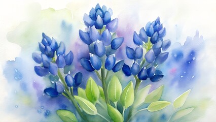 Watercolor painting of bluebonnet flowers in bloom