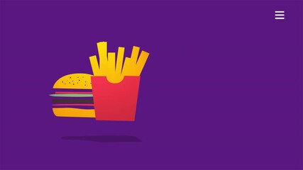 Vibrant Animated Burger and Fries Duo on Purple Background with Menu Icon - Powered by Adobe